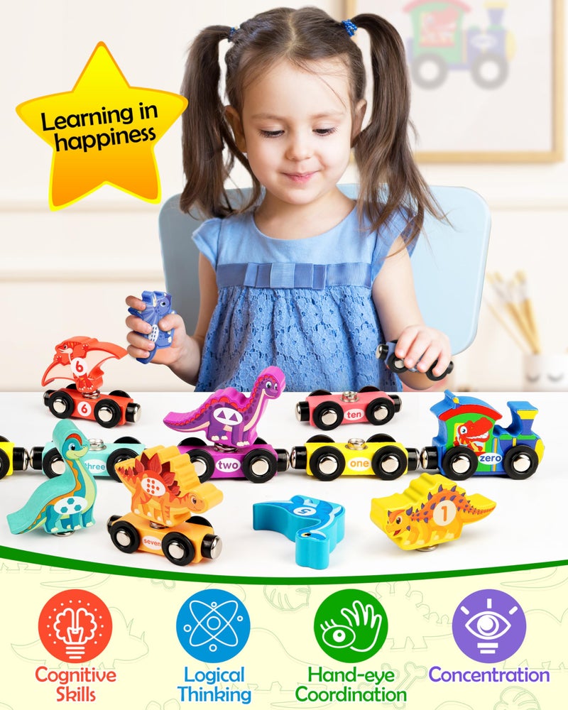 Vanmor Wooden Dinosaur Train Set for Toddlers - Magnetic Dinosaur Toys and Number Train, Perfect for Toddler Activities, Birthdays and Educational Toys Easter Basket Stuffers for Boys Aged 3-5 - Image 2