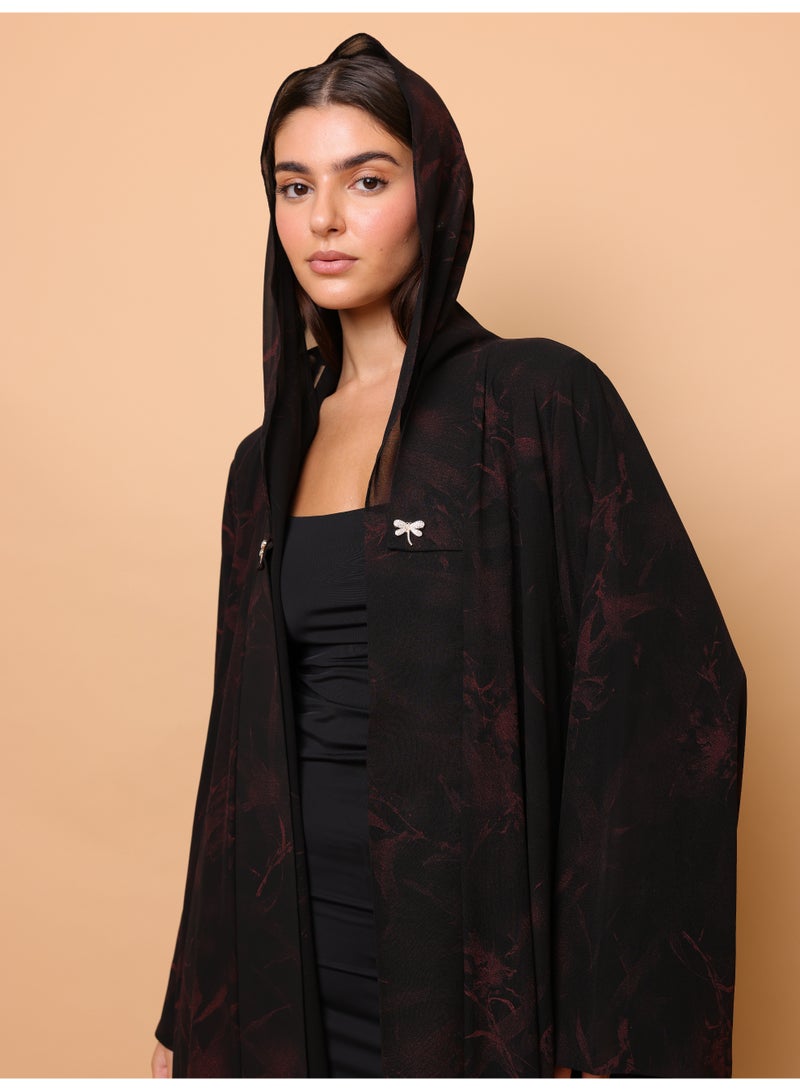IKKXA Midnight Red Floral Printed Abaya - Image 2