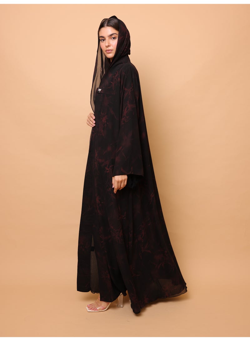 IKKXA Midnight Red Floral Printed Abaya - Image 5