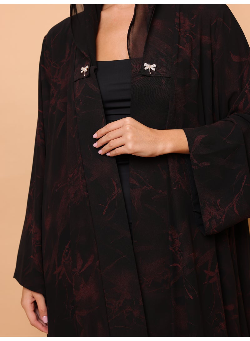 IKKXA Midnight Red Floral Printed Abaya - Image 3