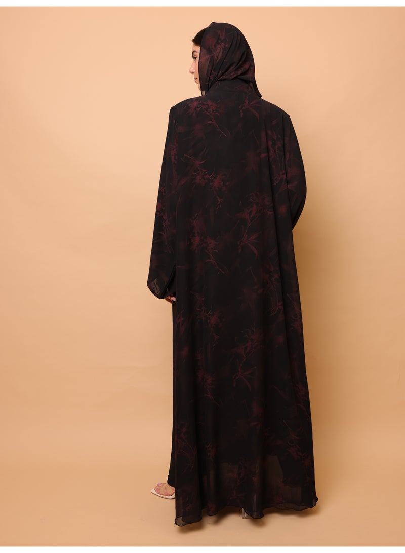IKKXA Midnight Red Floral Printed Abaya - Image 4