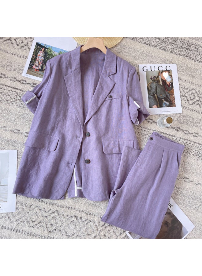 Asian Cotton Linen/Hemp Lotus Leaf Collar Suit Women's Korean Style Fashionable Silhouette Breathable Thin Suit Jacket For Summer 2023 
