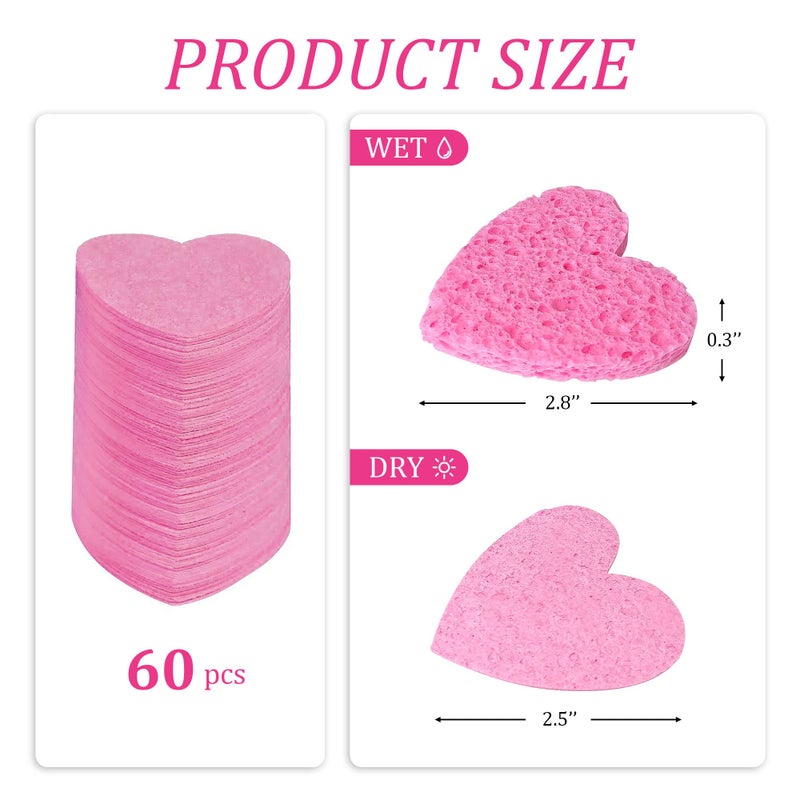 kickleen 50-Count Kickleen Compressed Cellulose Heart Shape Facial Sponges | Natural Cosmetic Spa Sponges for Facial Cleansing | Exfoliating | Makeup Mask Removal | Reusable | Skin Massage (50 Count (Pink)) - Image 2