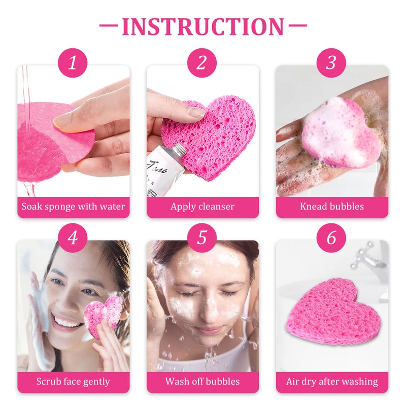 kickleen 50-Count Kickleen Compressed Cellulose Heart Shape Facial Sponges | Natural Cosmetic Spa Sponges for Facial Cleansing | Exfoliating | Makeup Mask Removal | Reusable | Skin Massage (50 Count (Pink)) - Image 5