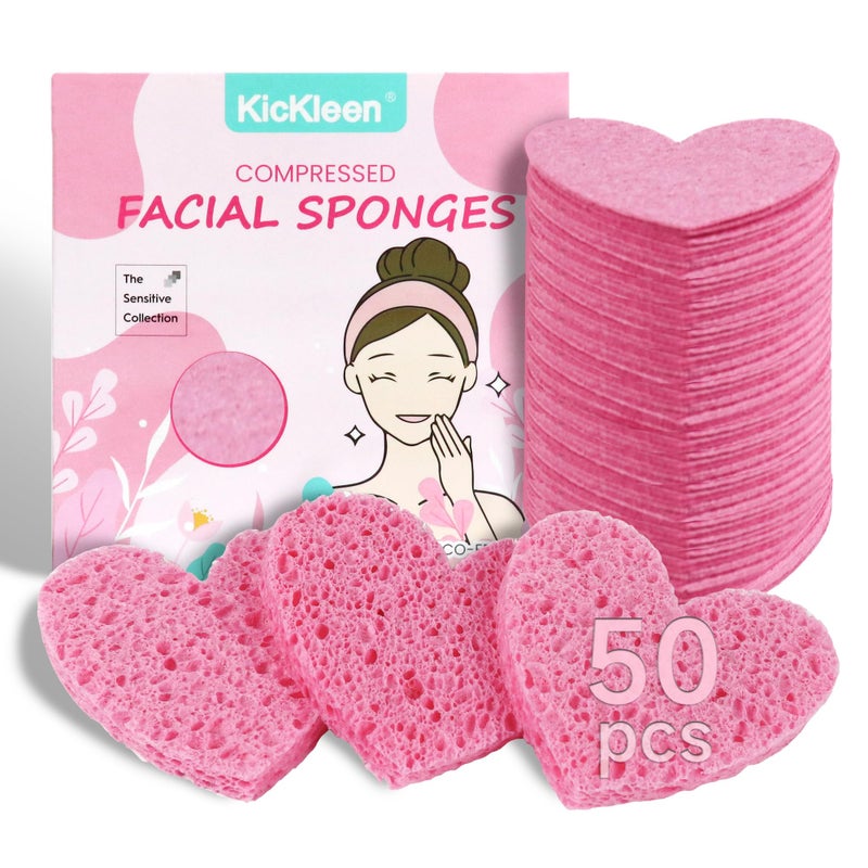 kickleen 50-Count Kickleen Compressed Cellulose Heart Shape Facial Sponges | Natural Cosmetic Spa Sponges for Facial Cleansing | Exfoliating | Makeup Mask Removal | Reusable | Skin Massage (50 Count (Pink)) - Image 1