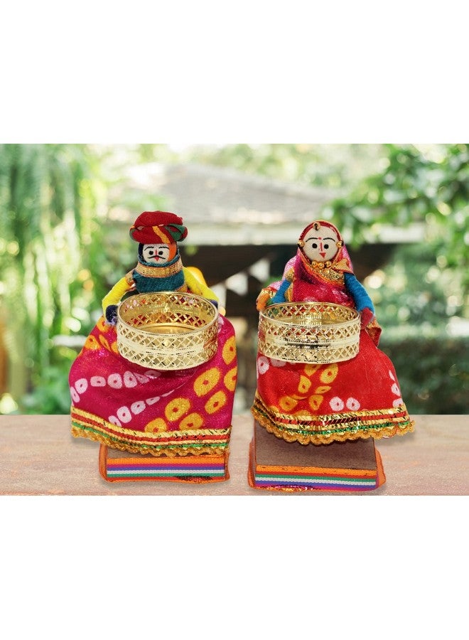 JH Gallery Handmade Recycled Material Rajasthani Dolls Puppet Tealight Candle Holder, Tea Light Candle Holder, Multicolor (11 x 11 cm - 1 Pair) - Image 1
