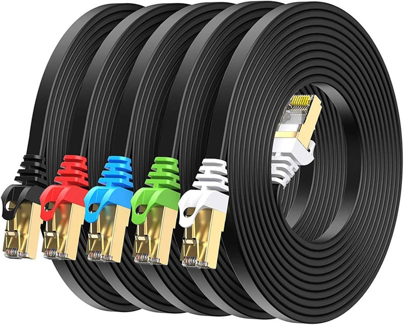 BUSOHE كابل إيثرنت Cat8 بطول 10 أقدام 5 حزمة متعدد الألوان، كابل إيثرنت مسطح RJ45 للكمبيوتر، شبكة الإنترنت LAN، 40Gbps 2000MHz أسرع من Cat7/Cat6/Cat5-10 أقدام - Image 1
