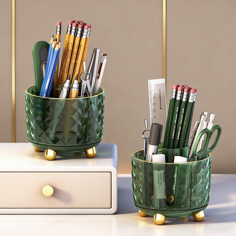 GOTOBA Dark Green Pen Pencil Holder for Desk, 360Â° Rotating Pen Organizer, Green Office Supplies, Cute Pen Holder, 6-Compartment Pencil Holder Rotating - Image 4