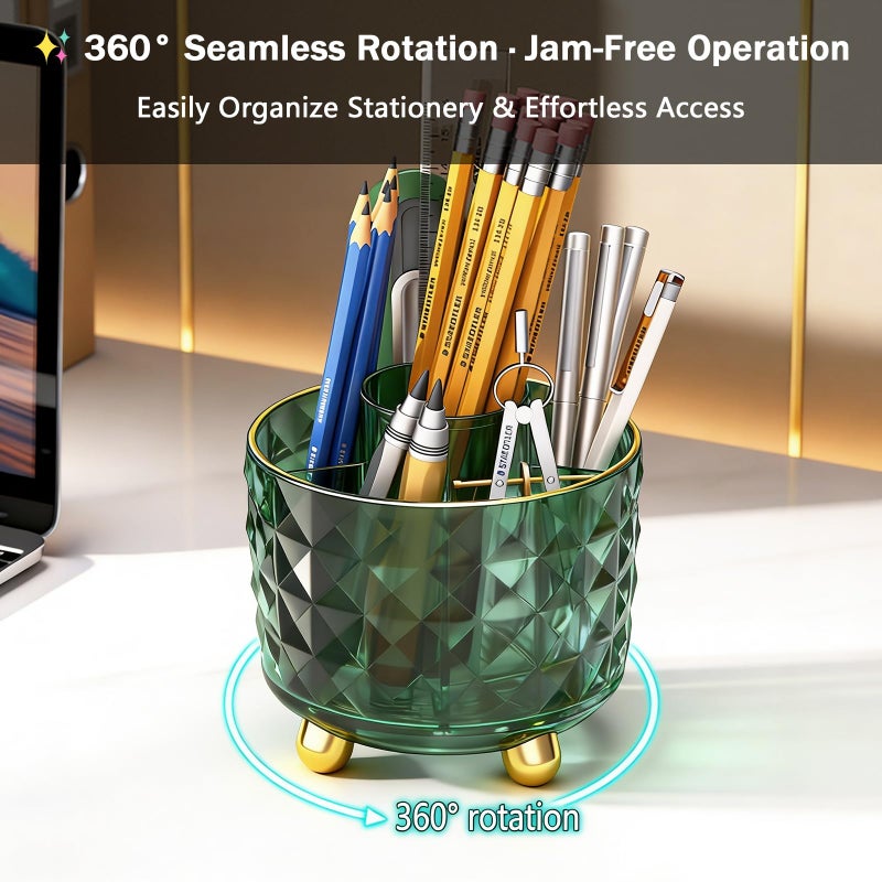 GOTOBA Dark Green Pen Pencil Holder for Desk, 360Â° Rotating Pen Organizer, Green Office Supplies, Cute Pen Holder, 6-Compartment Pencil Holder Rotating - Image 2