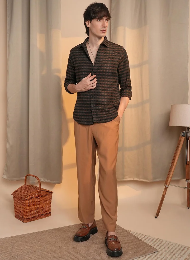 Campus Sutra Men's Chocolate Brown & Charcoal Black Gingham Shirt