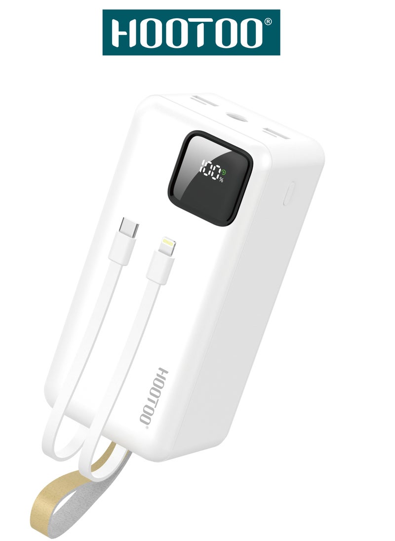 HooToo - Hootoo 50000mAh Power Bank with 3 Outputs (2 x USB-A, 1 x USB-C) and input (micro-USB), Two built-in cables, Battery digital Display, 22.5W Fast Charging, LED Flashlight and Carrying Strap. White - Image 1