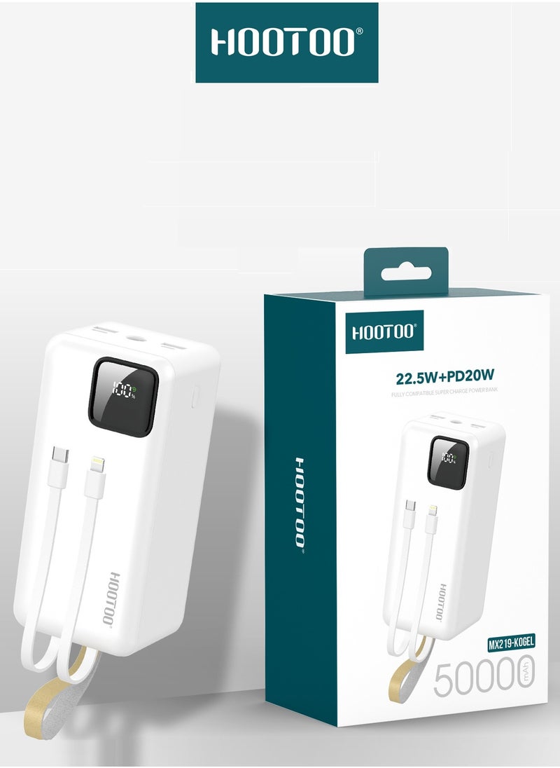 HooToo - Hootoo 50000mAh Power Bank with 3 Outputs (2 x USB-A, 1 x USB-C) and input (micro-USB), Two built-in cables, Battery digital Display, 22.5W Fast Charging, LED Flashlight and Carrying Strap. White - Image 1