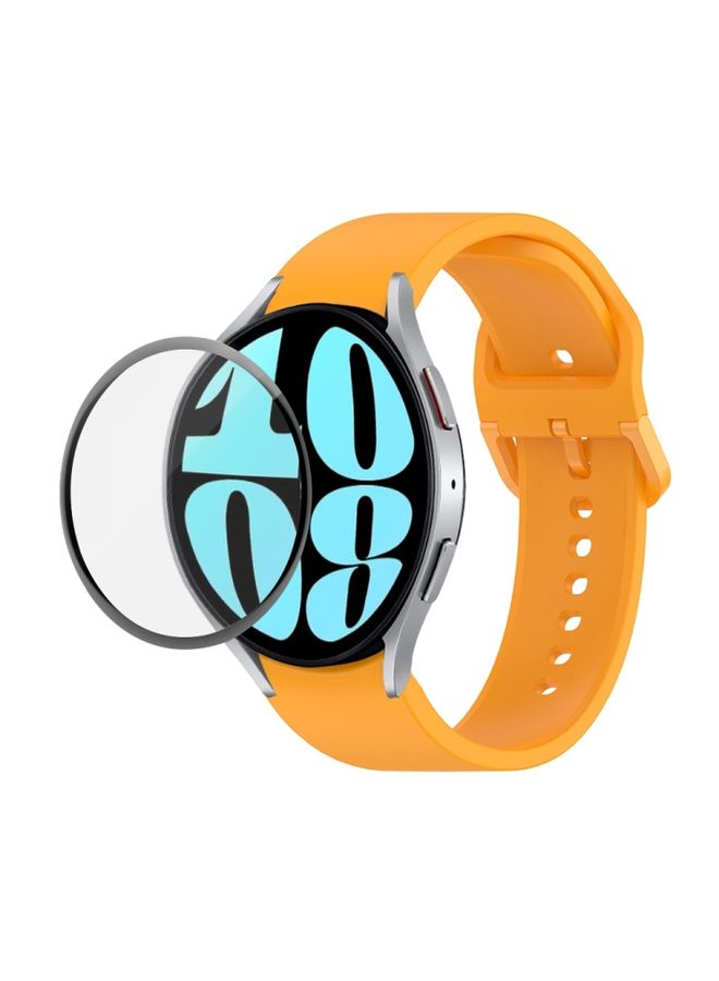Replacement Strap For Samsung Galaxy Watch6 44mm JUNSUNMAY Silicone Adjustable Strap + Full Coverage PMMA Screen Protector Kit Orange