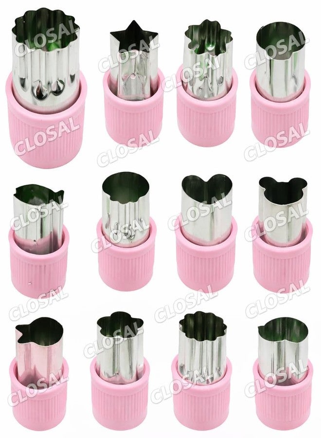 CLOSAL® 12 Pic Fruit Vegetable Cutter Shapes Set || Stainless Steel Vegetable Fruit Cutter Shapes Embossing Mold for Kid || Cookie Cutter Decorative Food for Kids (Pink)