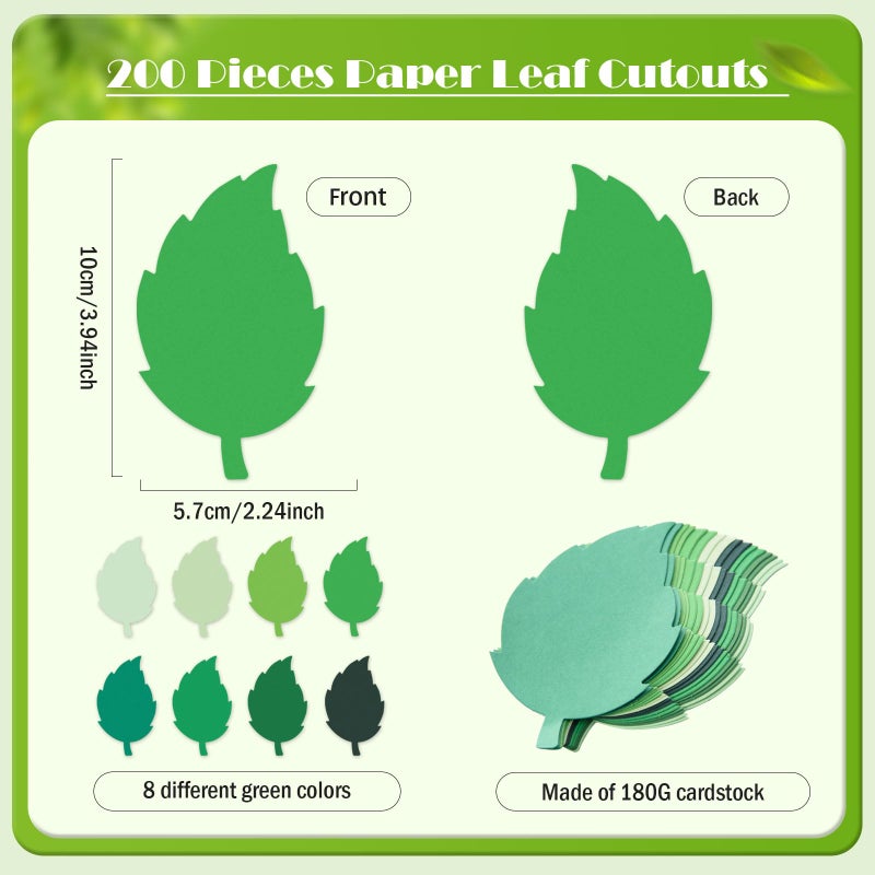 MixTeach 200 Pcs Paper Leaf Cutouts Assorted Green Color Leaf Cut Outs 4 Inch Paper Leaves Shapes Die Cut Spring Summer Classroom Decor for Bulletin Board DIY Craft Project Party Wall Decoration - Image 2