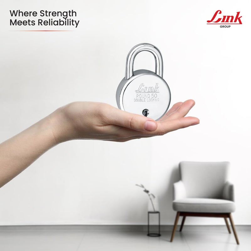Link أقفال | قفل دائري 50 مم مع 3 مفاتيح | قفل للباب الرئيسي، البوابة، المتاجر، المكتب | تشطيب فضي | ضمان لمدة 2 سنوات - Image 5