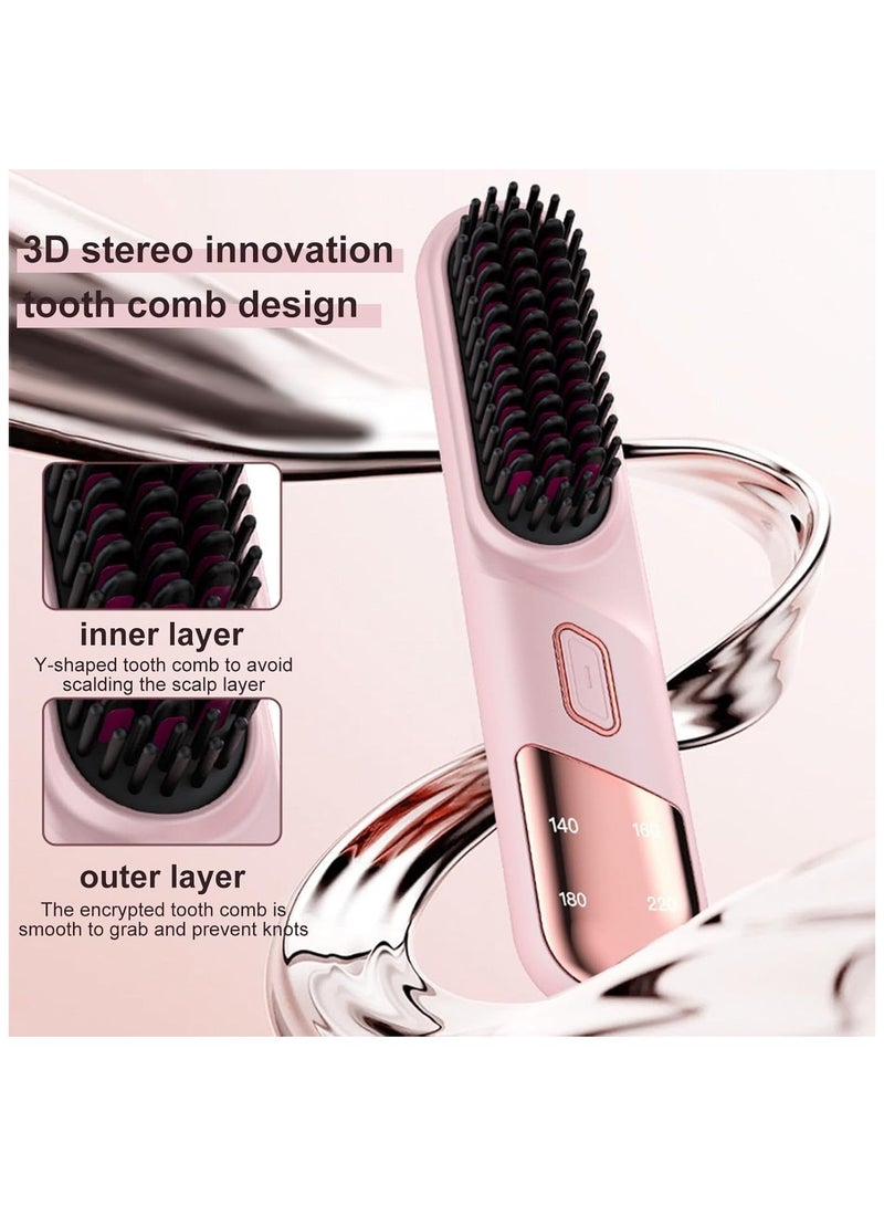 Cordless Hair Straightener Brush, Portable Hair Straightening Comb for Women, Negative Ions, USB Rechargeable, Mini and Lightweight Hair Straightener for Travel (Pink) - Image 2