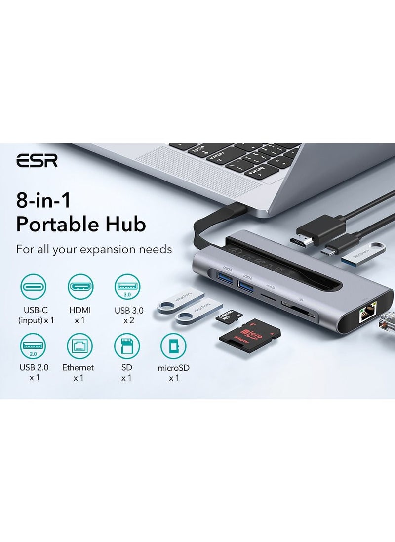 esrgear ESR 8-in-1 Portable Hub, USB-C Hub with Gigabit Ethernet, 4K@30Hz HDMI, 100W PD, 2 USB 3.0 Ports, 1 USB 2.0 Port, SD Card Reader, Compatible with iPad 10/Pro 11/12.9, MacBook Pro, and USB-C Devices  - Image 2