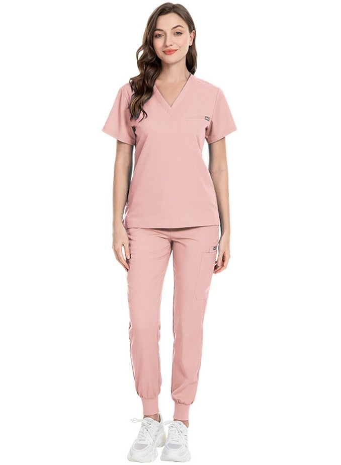 Loquat Unisex Medical Uniform Scrubs 2 Piece Set V-Neck Top and Elastic Waist Jogger Pants Suit Pink  - Image 1