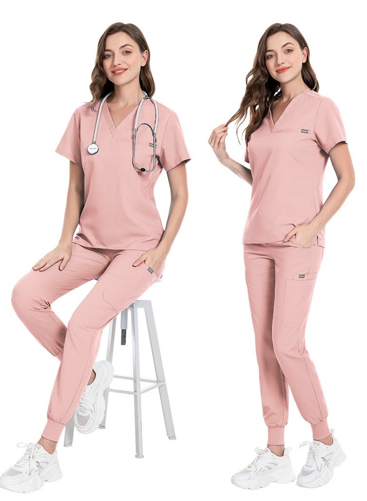 Loquat Unisex Medical Uniform Scrubs 2 Piece Set V-Neck Top and Elastic Waist Jogger Pants Suit Pink  - Image 2