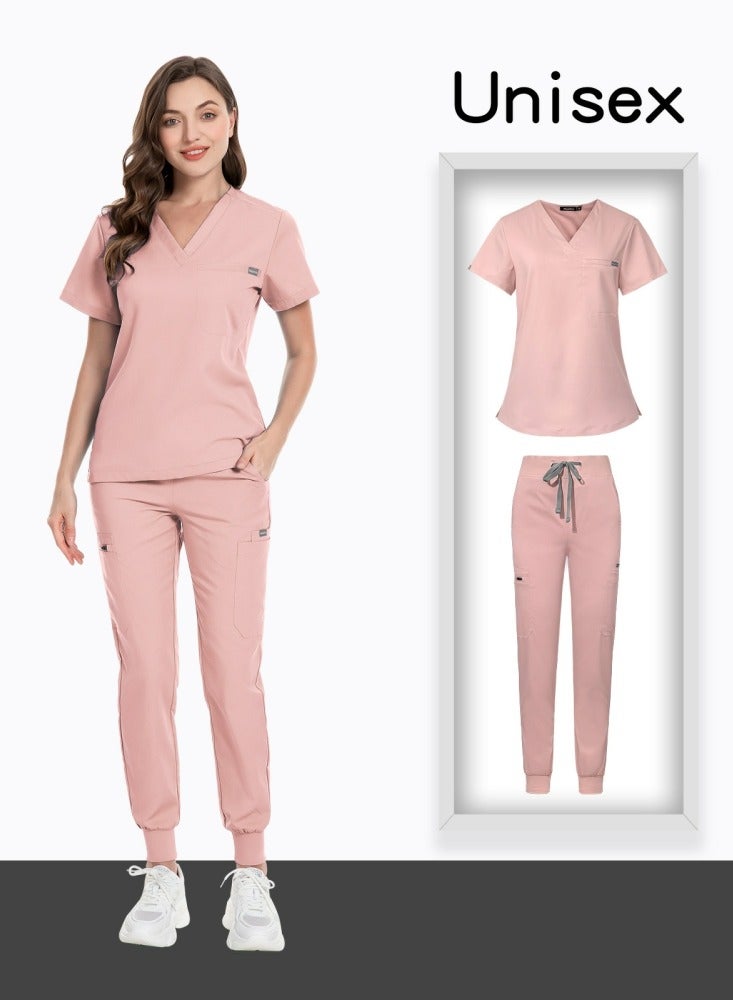 Loquat Unisex Medical Uniform Scrubs 2 Piece Set V-Neck Top and Elastic Waist Jogger Pants Suit Pink  - Image 3