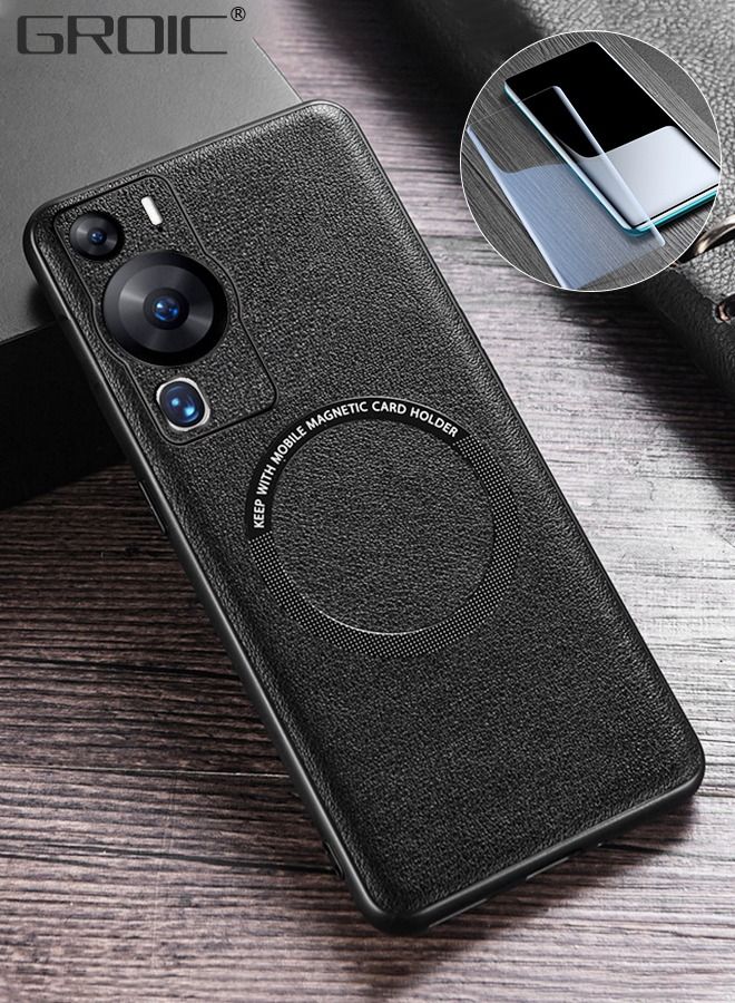 Designed for Huawei P60/P60Pro 6.67 Inch with Screen Protector, Tempered Glass Film, Leather Case Protective Cover Wireless Magnetic MagSafe Charging Ultra Slim Anti-Scratch Protection Shell