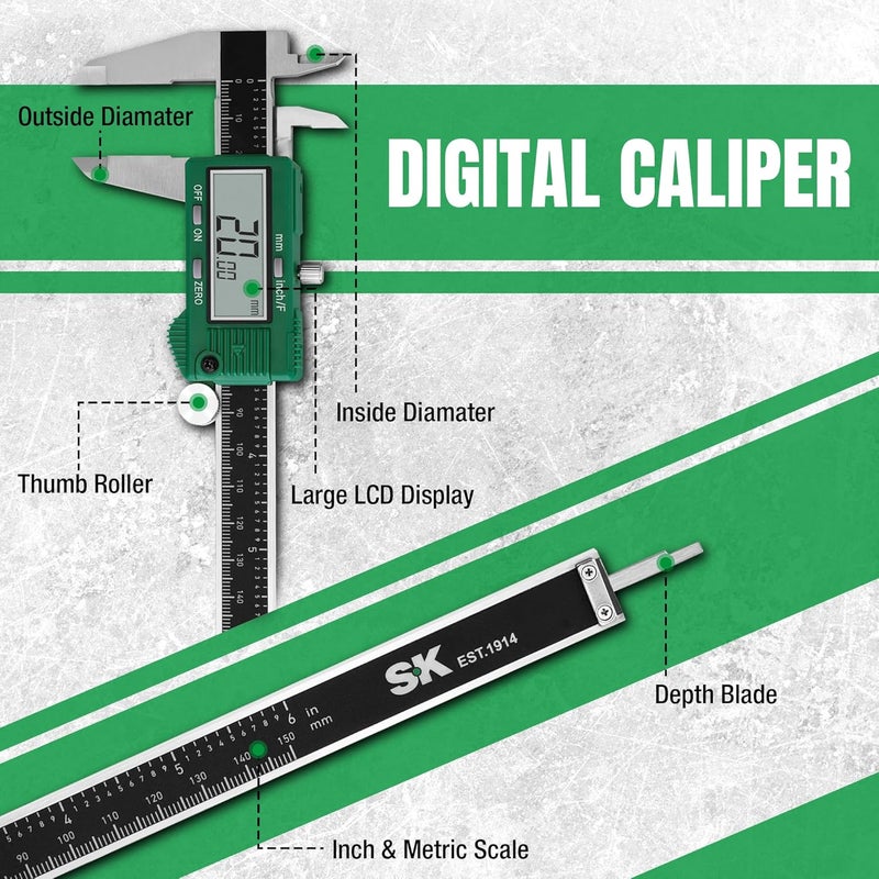 SK 6-Inch/150 mm Digital Calipers, Vernier Caliper with Large LCD Screen, Caliper Measuring Tool with Auto-Off Feature, Inch/Millimeter/Fraction Conversion, ±0.001"/0.03 mm Accuracy - Image 3