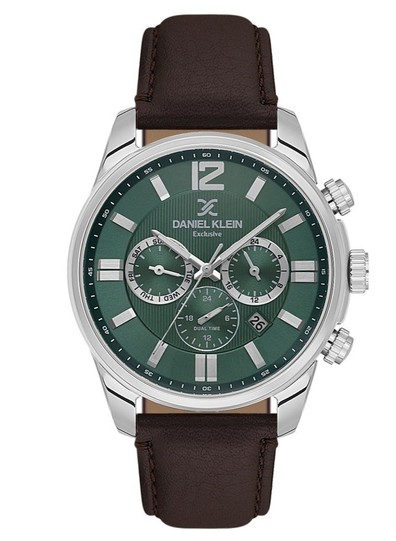 DANIEL KLEIN Men's Leather Silver Alloy Case Analog Dark Green Round Emboss Dial Japanese Quartz Exclusive 50 Meters Water Resistant - Image 1