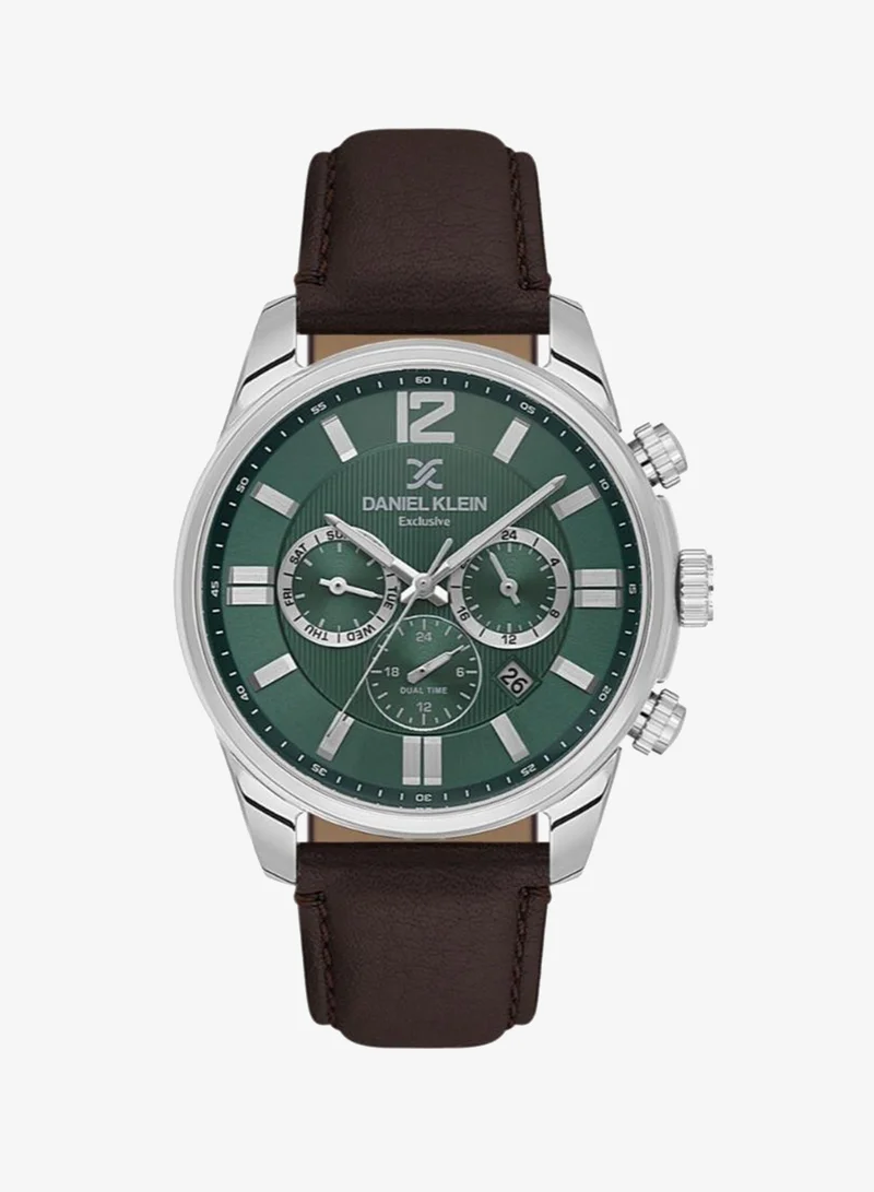 DANIEL KLEIN Men's Leather Silver Alloy Case Analog Dark Green Round Emboss Dial Japanese Quartz Exclusive 50 Meters Water Resistant