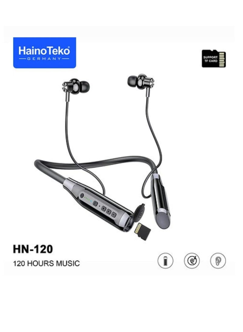 Haino Teko HN120 Bluetooth Neck Band Headphone 120 Hours Music With High Bass Sound Quality Super Clear Mic And TF Card Support Black - Image 1