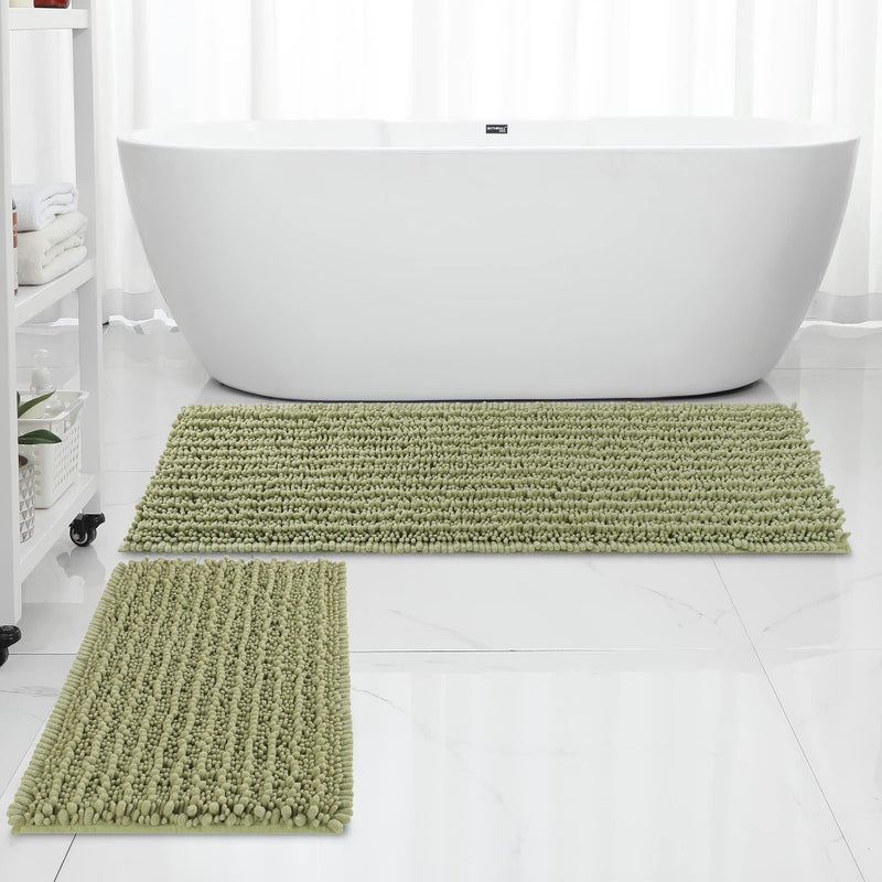 Floleopa الفاخرة Chenille Sage Green Bathrate Srugs تحدد الحصير الناعم والامتصاص سجاد الحمام غير المتجانس غسل الحصير الجاف (47 "" X17 "Plus 17" "x24")