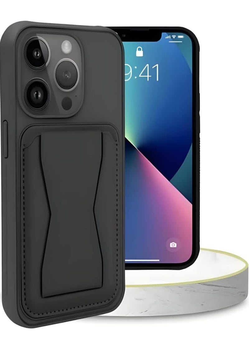 MIGOFAST Leather Card Holder Case Compatible with iPhone 14pro  inch Shockproof Leather Back Card Storage Plus Phone Stand Black - Image 1