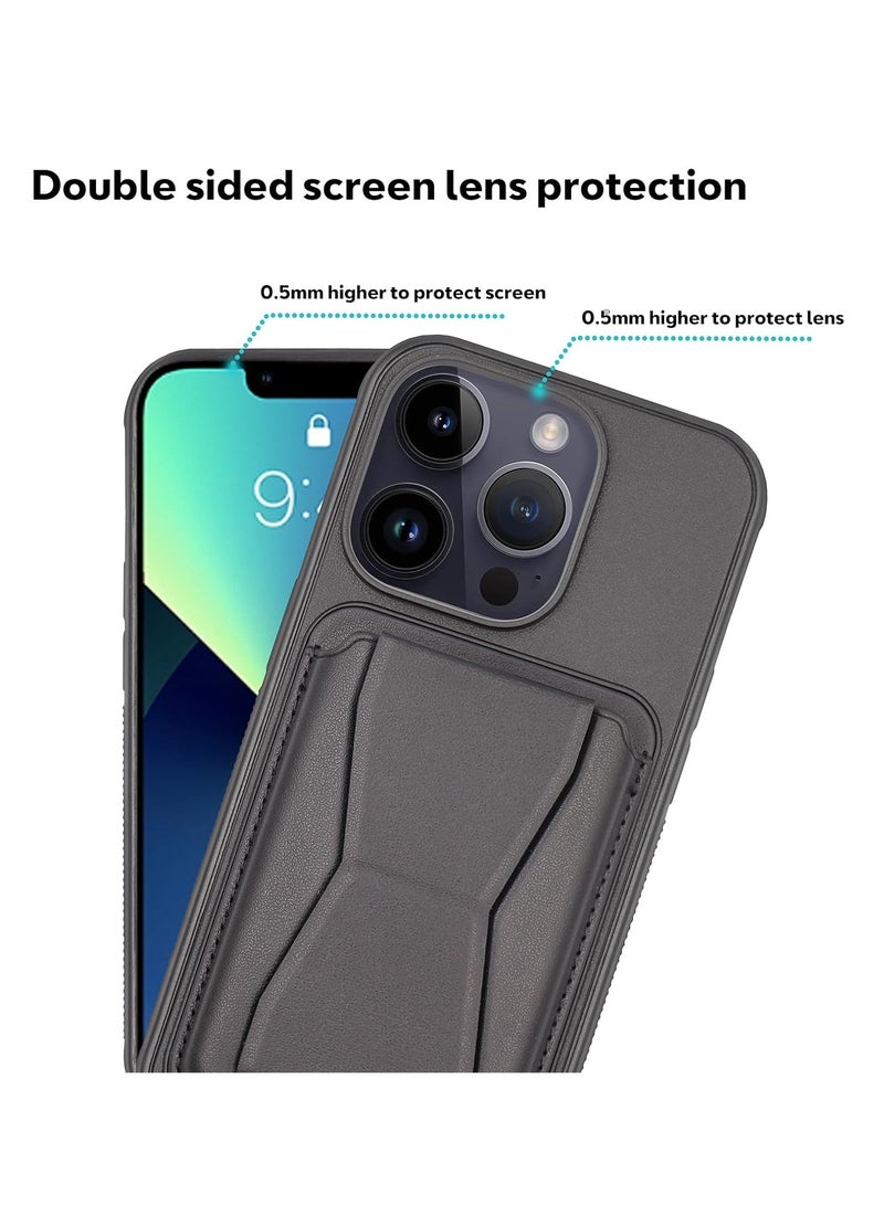 MIGOFAST Leather Card Holder Case Compatible with iPhone 14pro  inch Shockproof Leather Back Card Storage Plus Phone Stand Black - Image 2