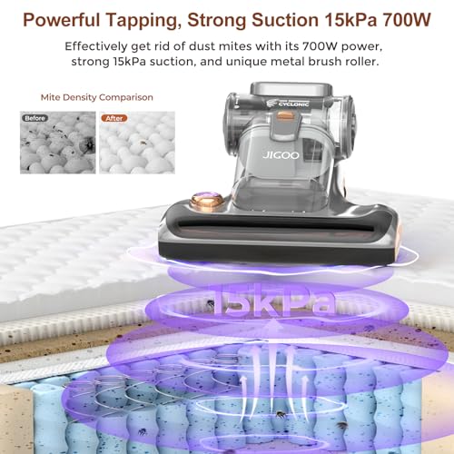 JIGOO T600 Bed Vacuum Cleaner with UV-C Light, 15Kpa Suction 700W Powerful Double Cup Handheld Vacuums, Mattress Vacuum Cleaner with Smart Dust Sensor, Ultrasonic & Heating Tech, HEPA Filter - Corded - Image 2