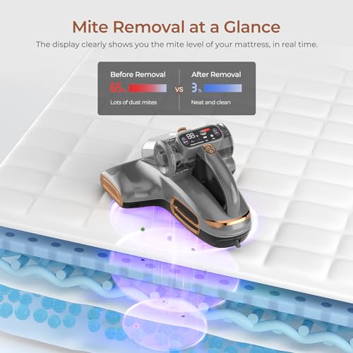 JIGOO T600 Bed Vacuum Cleaner with UV-C Light, 15Kpa Suction 700W Powerful Double Cup Handheld Vacuums, Mattress Vacuum Cleaner with Smart Dust Sensor, Ultrasonic & Heating Tech, HEPA Filter - Corded - Image 4