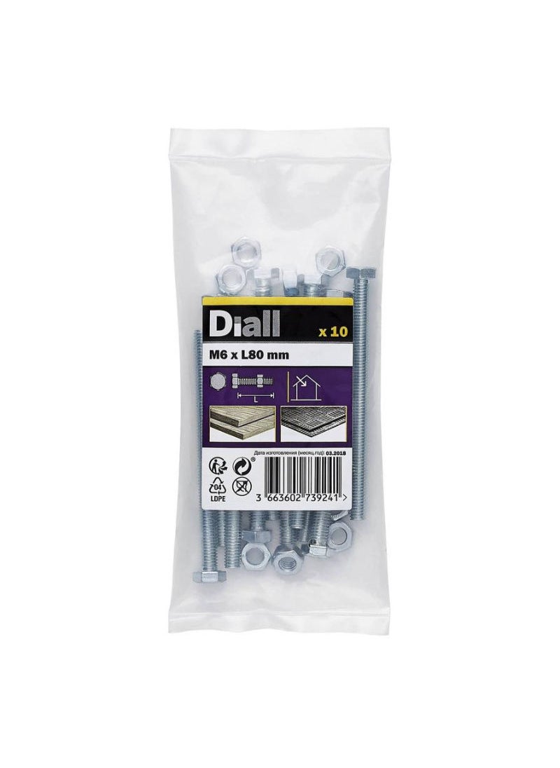 ACE Zinc Plated Carbon Steel Hex Bolt And Nut Pack M6 X 80 Mm 10 Piece 