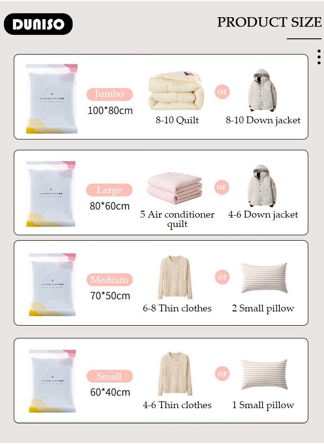 DUNISO Vacuum Storage Bags- Pack of 10 (2 Jumbo + 2 Large + 2 Medium + 4 Small) Reusable Compression Bags Space Saver for Packing, Clothes, Comforters, Blankets  - Image 4