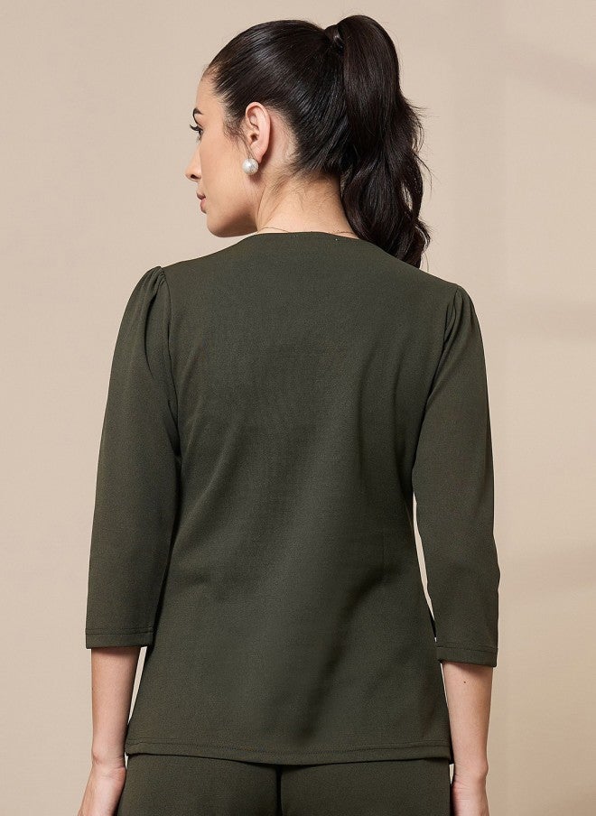 ساسافراس بلوزة نسائية بستايل قميص بلون أخضر زيتوني - Image 4