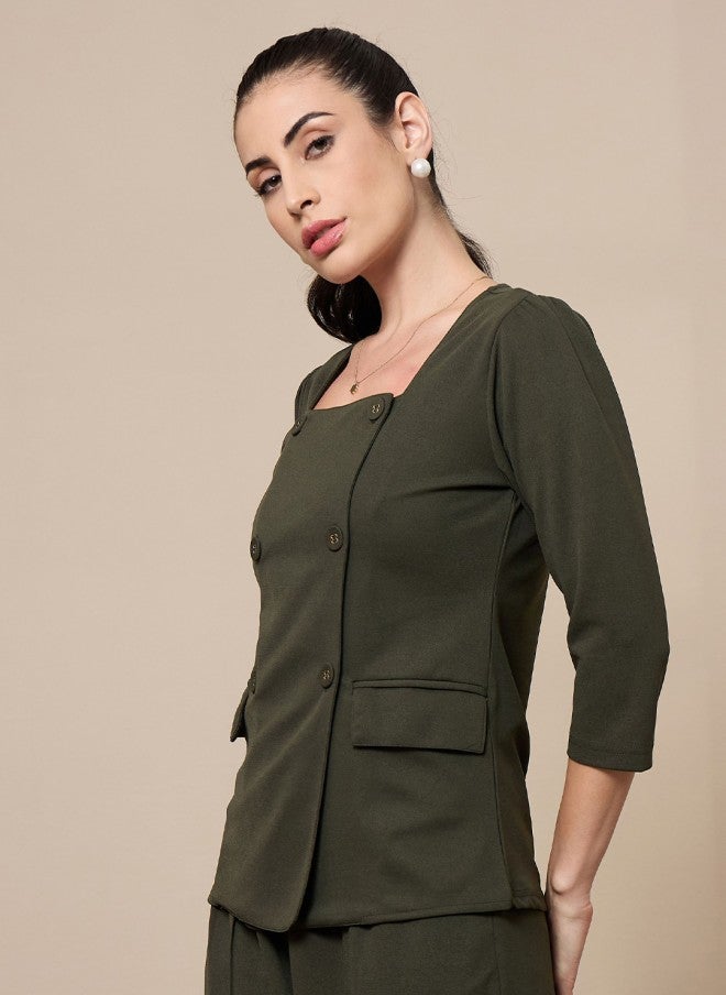 ساسافراس بلوزة نسائية بستايل قميص بلون أخضر زيتوني - Image 3