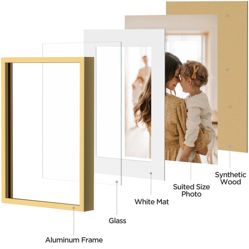 eletecpro Aluminum Gallery Wall Frame Set of 7, Including 1Pc 11x14, 2Pcs 8x10, 4Pcs 5x7 Photo Frames for Wall or Tabletop Display, Multiple Sizes Picture Frames Collage Wall Decor, Gold - Image 2