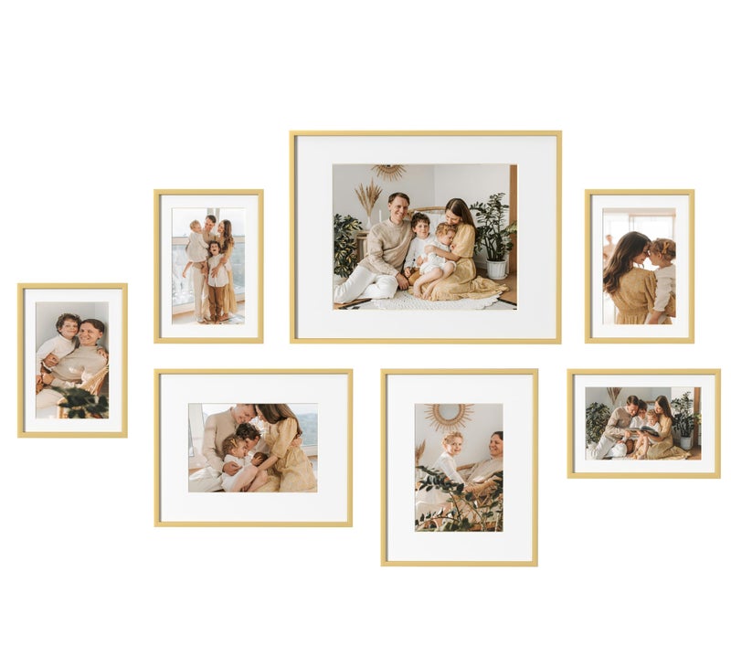 eletecpro Aluminum Gallery Wall Frame Set of 7, Including 1Pc 11x14, 2Pcs 8x10, 4Pcs 5x7 Photo Frames for Wall or Tabletop Display, Multiple Sizes Picture Frames Collage Wall Decor, Gold - Image 1