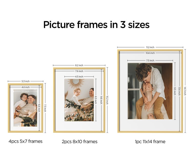 eletecpro Aluminum Gallery Wall Frame Set of 7, Including 1Pc 11x14, 2Pcs 8x10, 4Pcs 5x7 Photo Frames for Wall or Tabletop Display, Multiple Sizes Picture Frames Collage Wall Decor, Gold - Image 3