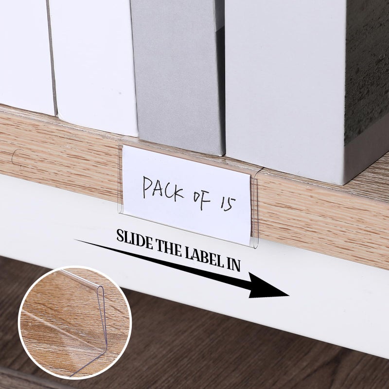 Containlol 15 Pieces Moveable Shelf Label Holders Clear Shelves Tags Moveable Library Markers Transparent Shelf Label Display Holder for Classroom Office Library Book Shelves(2 x 1 Inch) - Image 5