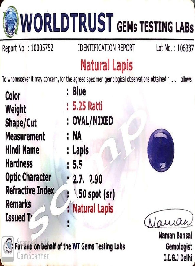 GEMS RIVER 8.00 Carat lajvart Original Stone and Certified by GGTL Lapis Lazuli Gemstone unheated and untreated for Astrological Purpose for Men and Women - Image 3