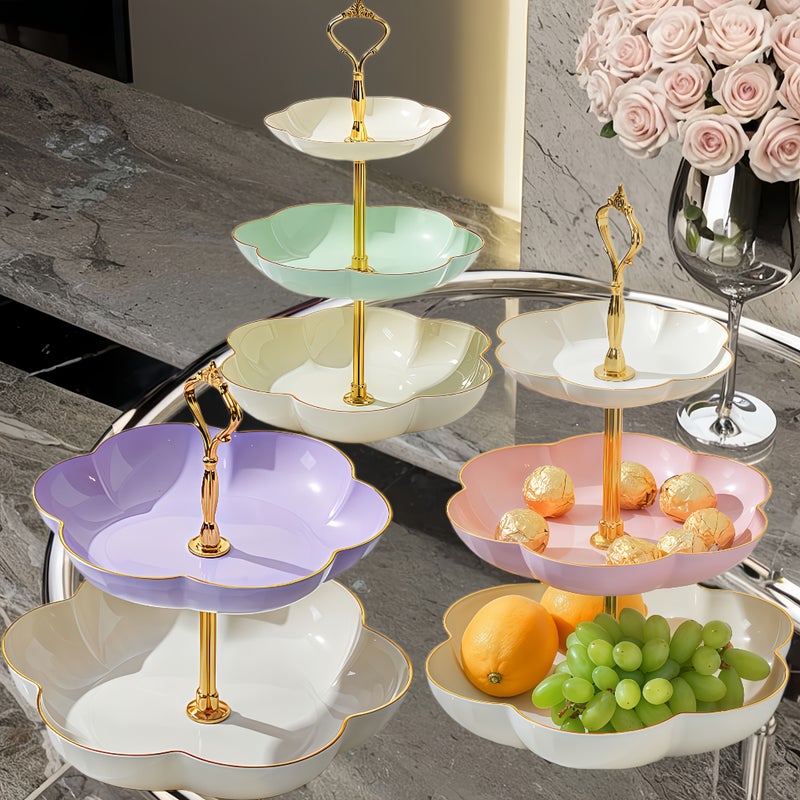 Elegant Cream Green 3 Tier Plastic Cake Stand With Gold Trim Floral Design For Wedding Birthday Decorations Dessert Display Fruit Serving - Image 2