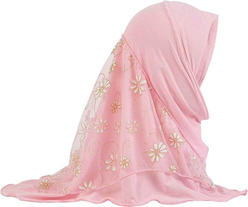NICEYST Girls Ice Silk Muslim Khimar Hijab Headscarf Flower Arab Scarf Shawls Neck Wrap Islamic Head Wrap for Age 2-7 Years - Image 1