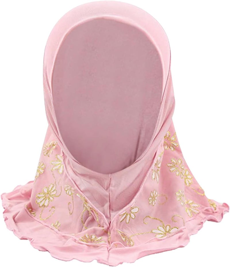 NICEYST Girls Ice Silk Muslim Khimar Hijab Headscarf Flower Arab Scarf Shawls Neck Wrap Islamic Head Wrap for Age 2-7 Years - Image 3