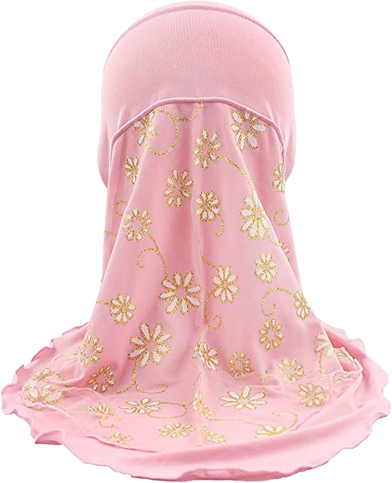 NICEYST Girls Ice Silk Muslim Khimar Hijab Headscarf Flower Arab Scarf Shawls Neck Wrap Islamic Head Wrap for Age 2-7 Years - Image 4