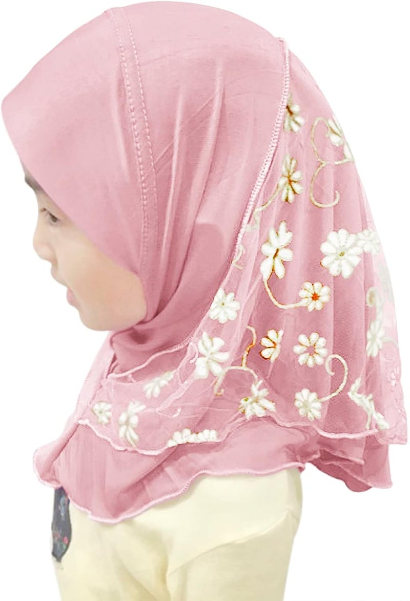 NICEYST Girls Ice Silk Muslim Khimar Hijab Headscarf Flower Arab Scarf Shawls Neck Wrap Islamic Head Wrap for Age 2-7 Years - Image 2