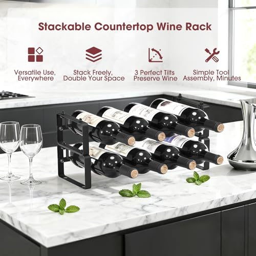 ICOHOT Stackable Wine Rack Countertop, 8 Bottles Wine Bottle Holder for Inside Cabinet, Small Tabletop Wine Holder Stand for Pantry Bar, 2-Tier Angle Adjustable Wine Bottle Rack for Tight Spaces - Image 2